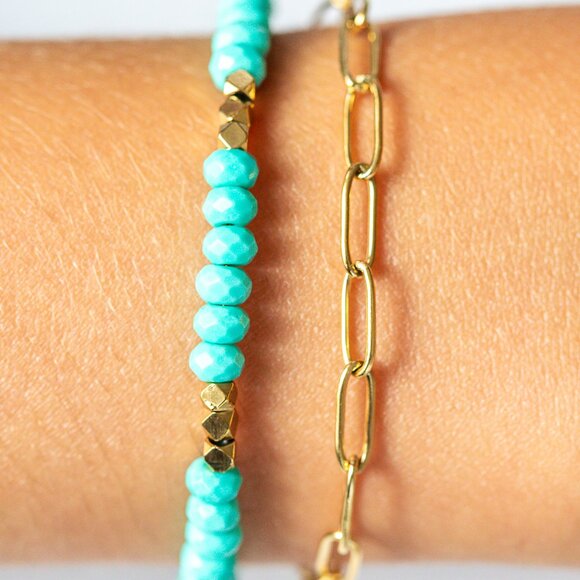 BUNDLE Turquoise Beaded Necklace & Bracelet Set Waterproof Gold - Picture 2 of 12